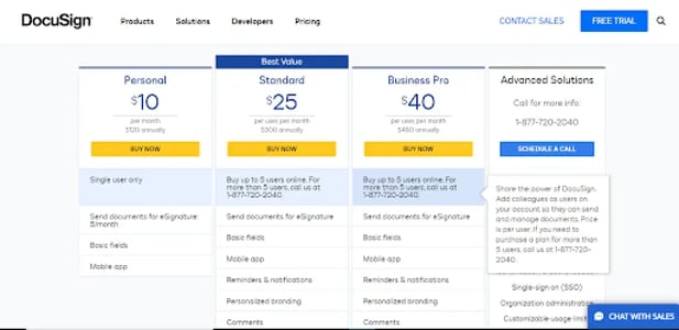 DocuSign bietet vier eSignature-Pläne an